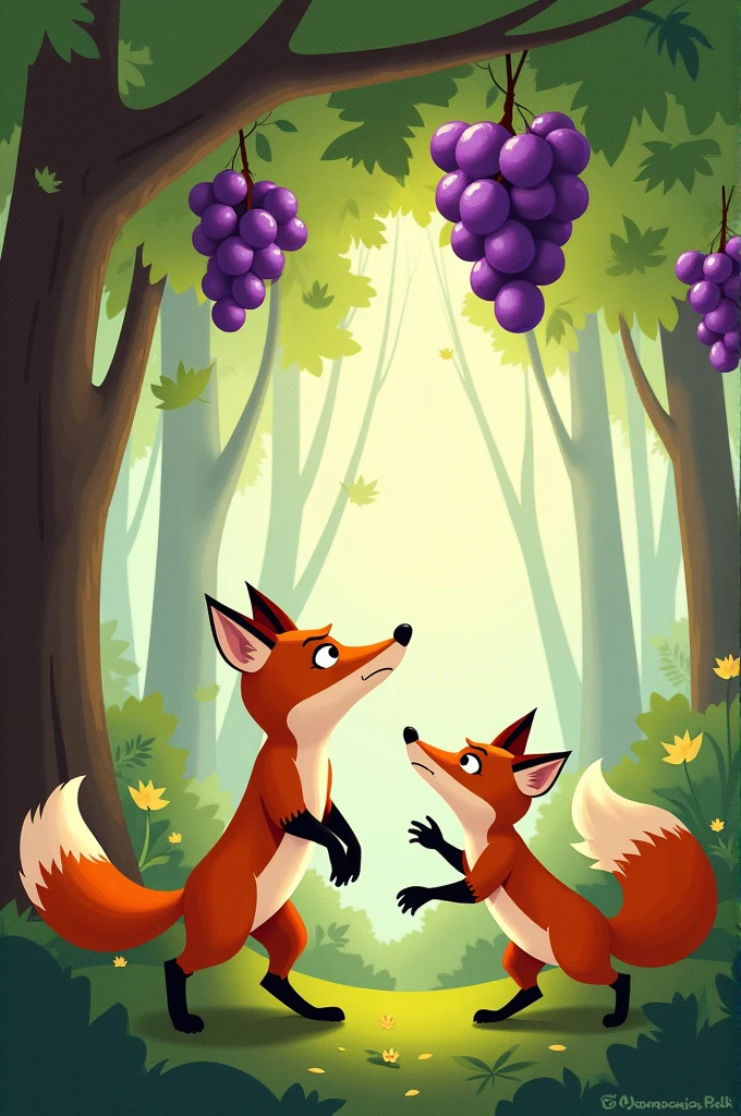 THE FOX and the GRAPES
One afternoon a fox was walking through the forest and spotted a bunch of grapes hanging from over a lofty branch.
"Just the thing to quench my thirst," he thought.
Taking a few steps back, the fox jumped and just missed the hanging grapes. Again the fox took a few paces back and tried to reach them but still failed.