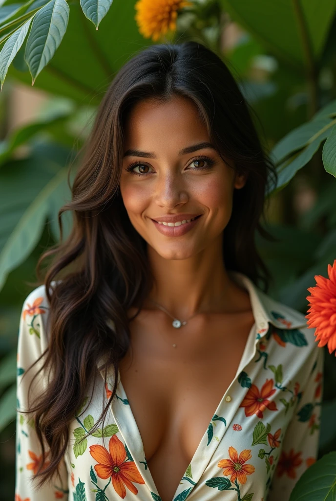 A Brazilian woman in a lush tropical garden, wearing an open shirt with a floral print, with a close-up capturing the harmonious beauty between her breasts and the natural flowers, showing off your natural charm and outgoing personality.