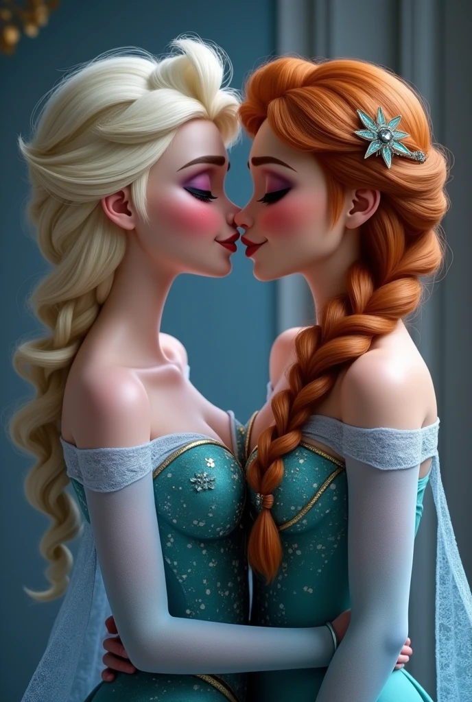A stunning portrait of Elsa and her sister Anna touching each others breasts, kissing, French kissing, tongues touching, they are kissing, young and beautiful, hyper realistic, real portrait, backlit, exquisite features, cleavage, Elsa is in ecstasy, elsa is shorter than Anna, Anna is confident, Elsa is unsure, Anna has red hair, exposed breasts