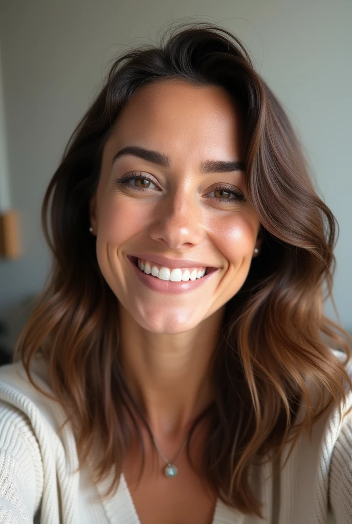 35 years old woman brown hair cute photo Japanese Photo from the waist up Like taking a selfie Medium Hair A little smile