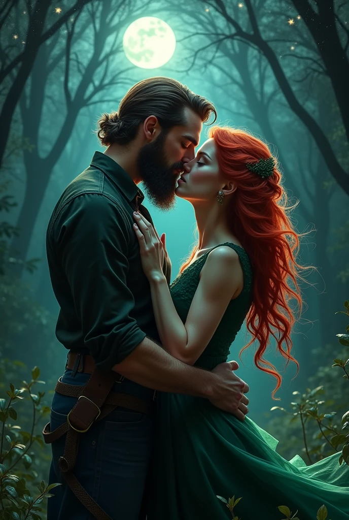 Beautiful redhead witch kissing a very handsome bearded man in the moonlight