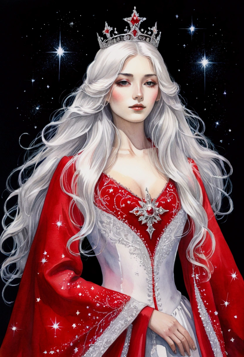 Watercolor illustration, manga vibes, slim figure, black background. 1girl, solo, upper body, portrait, long hair, white hair, crown, Victorian goddess dress, red clothes. Sparkles stars, magic dust.