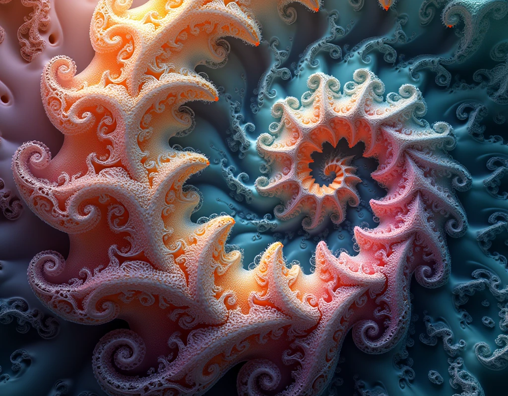 Fractal Harmony: Intricate patterns, self-similarity, vibrant colors, flowing curves, organic textures.