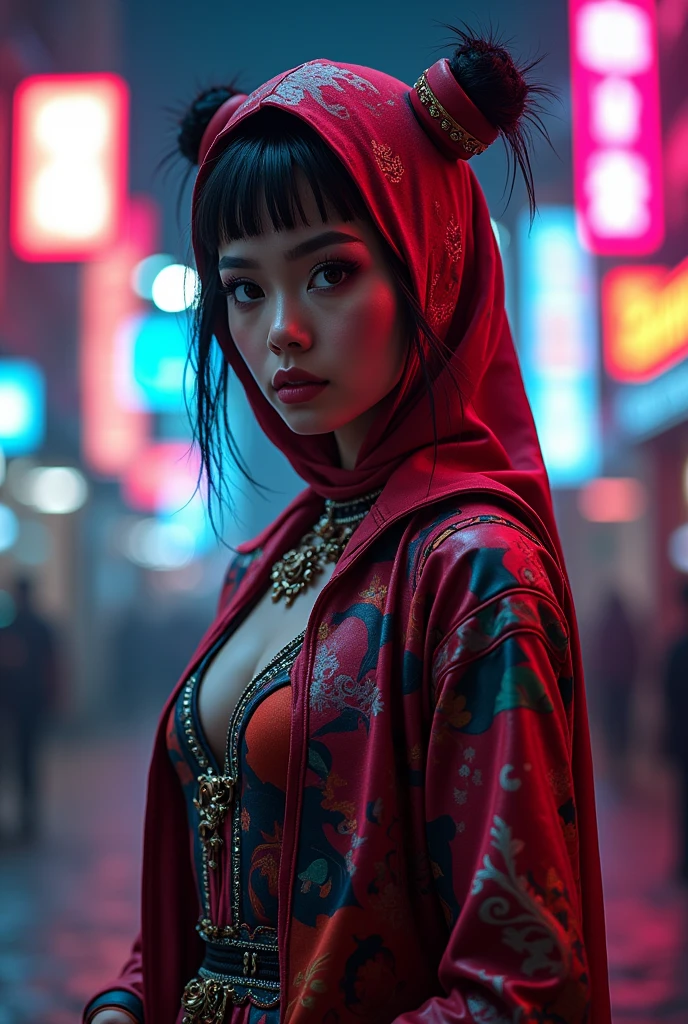a beautiful woman in hijab,. Indonesia Malaysia girl. Snub nose.harley quinn inspired costume, colorful outfit,. Full vover dress .vibrant colors, dynamic pose, intricate makeup, smoky eyes, confident expression, striking headpiece, cyberpunk aesthetic, neon lights, moody lighting, cinematic composition, photorealistic, 8k, hyper detailed, masterpiece
