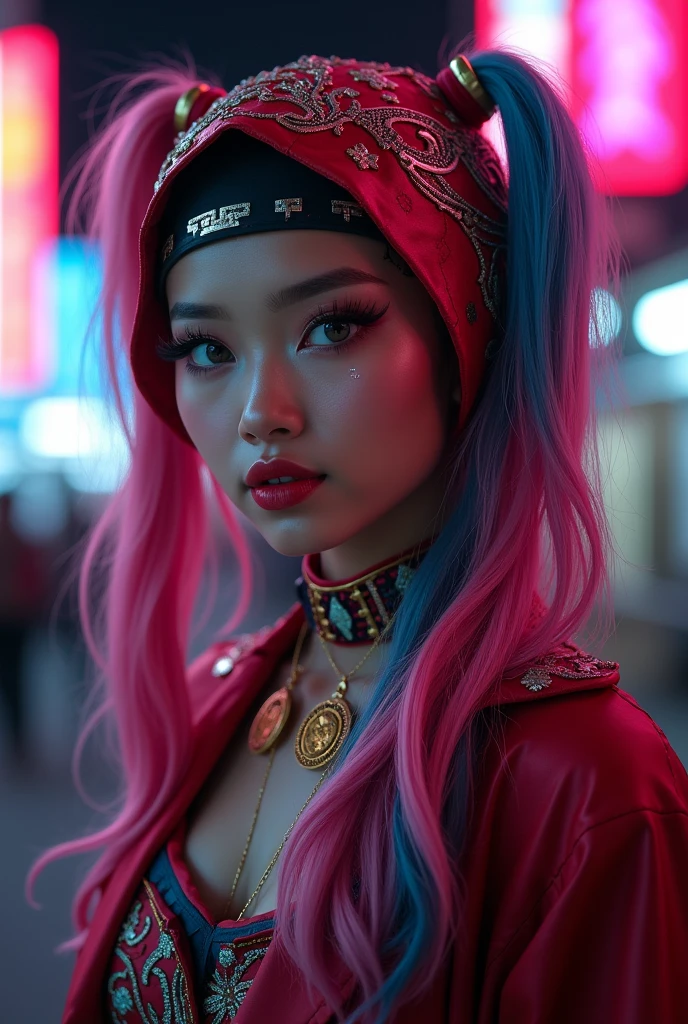 a beautiful woman in hijab,. Indonesia Malaysia girl. Snub nose.harley quinn inspired costume, colorful outfit,. Full vover dress .vibrant colors, dynamic pose, intricate makeup, smoky eyes, confident expression, striking headpiece, cyberpunk aesthetic, neon lights, moody lighting, cinematic composition, photorealistic, 8k, hyper detailed, masterpiece