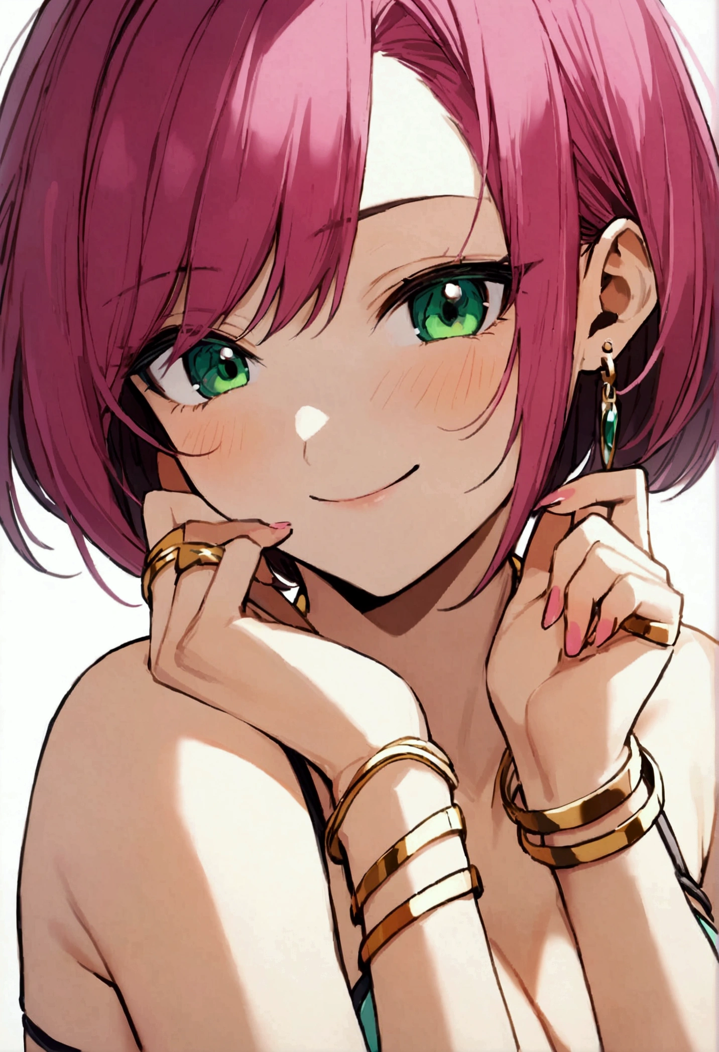 20 years old girl, fuchsia hair, short hair, green eyes, sly smile, sly eyes, bikini, wear gold bracelet