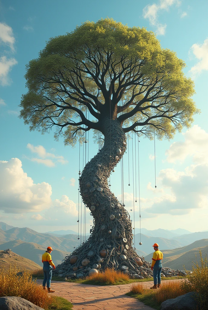 Mechanics and electricians building a tree-shaped structure that represents their future