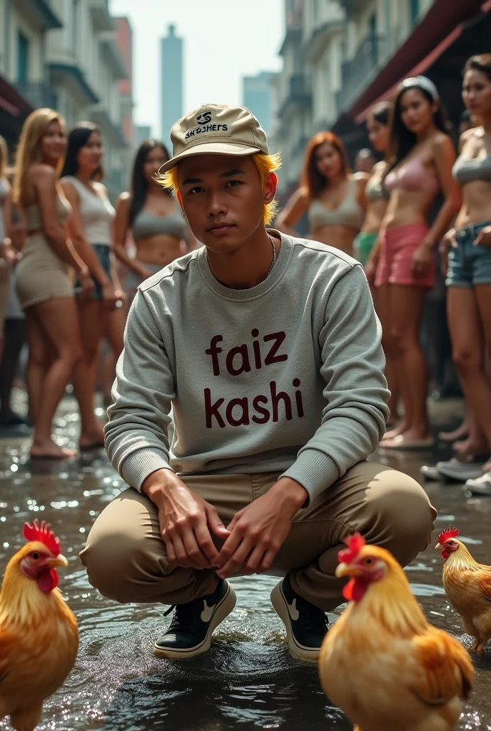 make me a hyper realistic photography HD 18K photo showing a handsome Indonesian man with yellow skin, short yellow hair wearing a Skecher hat, wearing a crewneck sweater that says "Faiz Kasih" in a complicated font style, beige chino pants, and black and white Nike shoes. The man is seen sitting while bathing Bangkok chickens. in the background there are many beautiful and sexy women looking at the men around them.