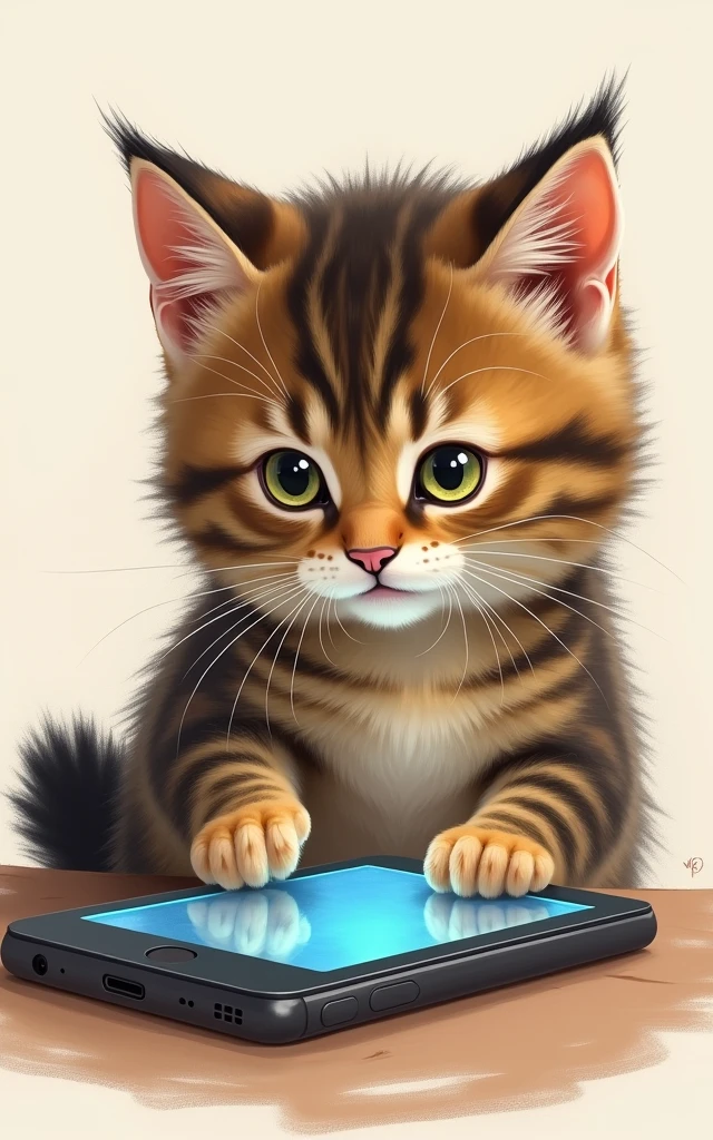 Realistic、A small baby sabi tabby cat operating a smartphone