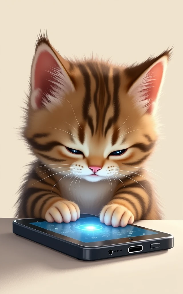 Realistic、A small baby sabi tabby cat operating a smartphone