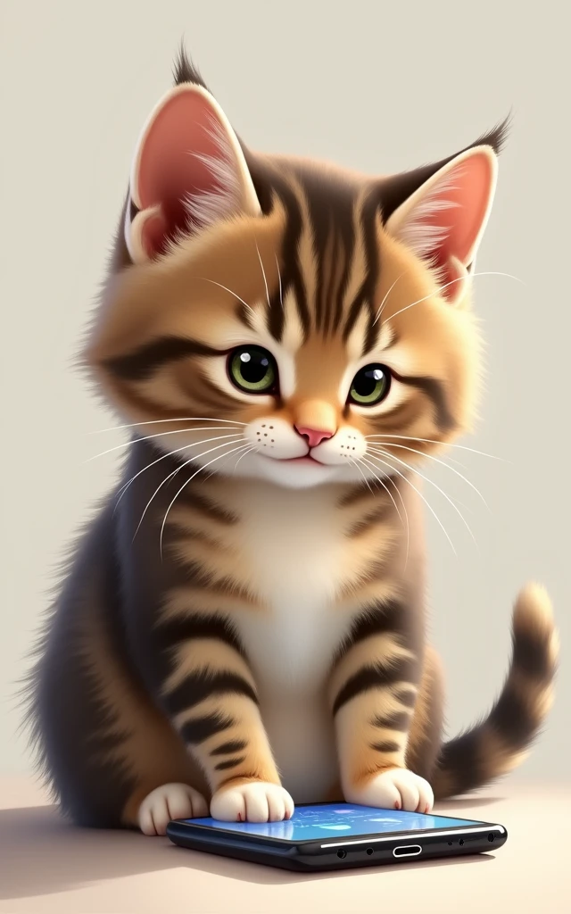 Realistic、A small baby sabi tabby cat operating a smartphone