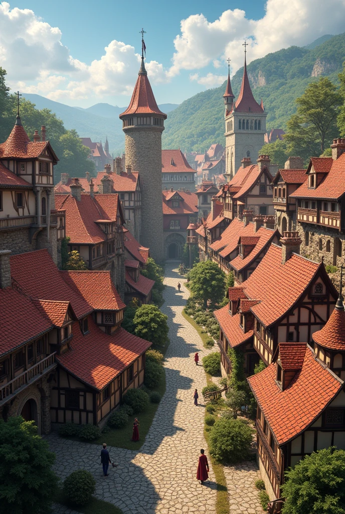 Luxurious medieval town red houses

