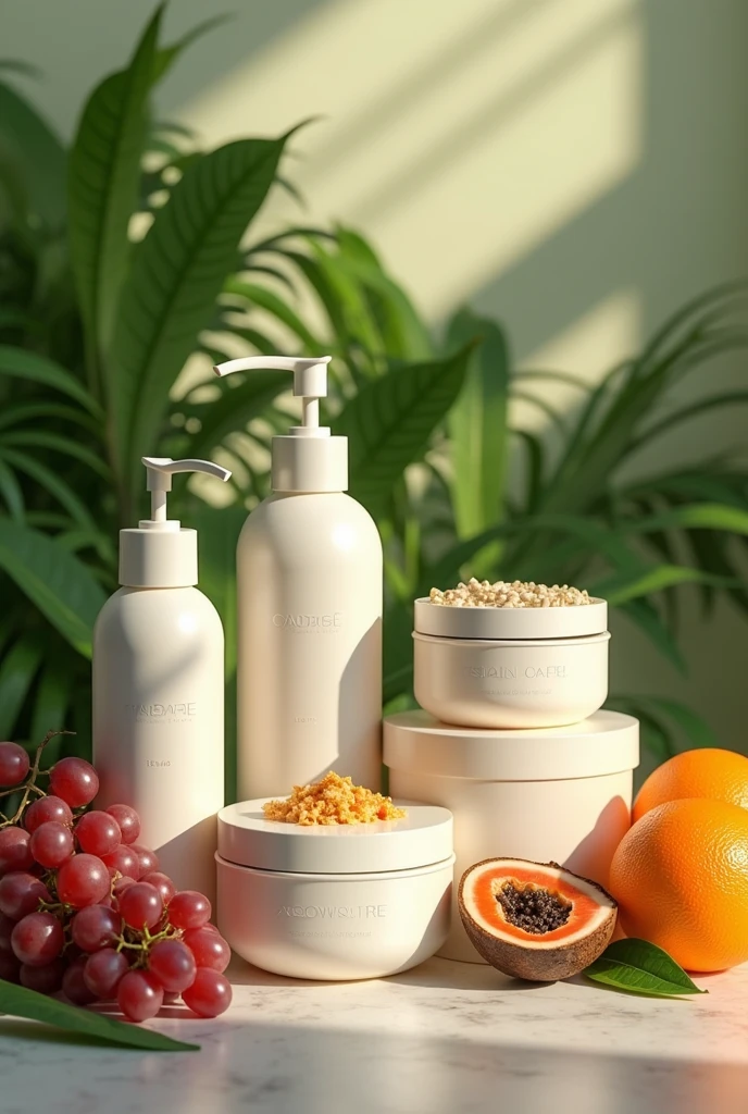 Create a realistic image with grape, coconut, orange, papaya and passion fruit conditioner line with elegant packaging