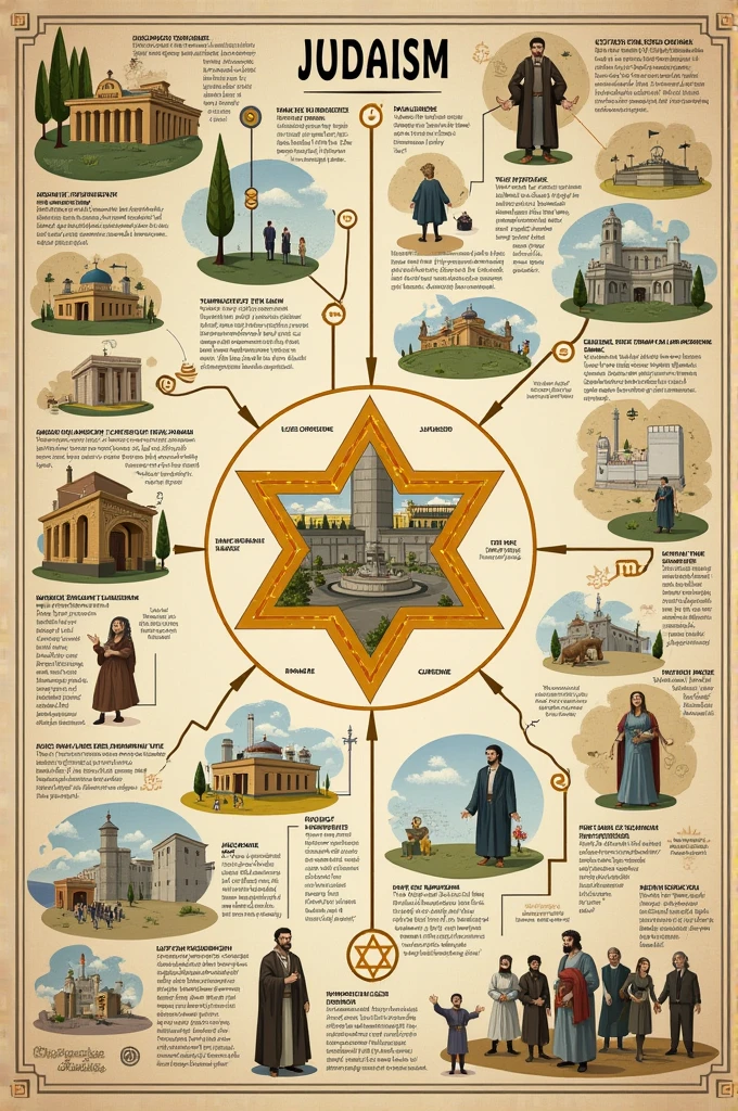 a visual organizer of this information The **Judaism** It is one of the oldest monotheistic religions, based on the belief in one God. It originated in ancient Israel more than 3,000 years. Its main sacred text is the **Log**, which is part of the Tanakh, the set of Hebrew scriptures. Los seguidores del Judaism, called Jews, practican rituales and festividades como el **Shabbat** (day off) and **Yom Kippur** (Day of Forgiveness). El Judaism se divide en varias ramas, Among them **orthodox**, **conservative** and **reformist**. La sinagoga es el lugar de culto and el **rabbi** is the spiritual leader.