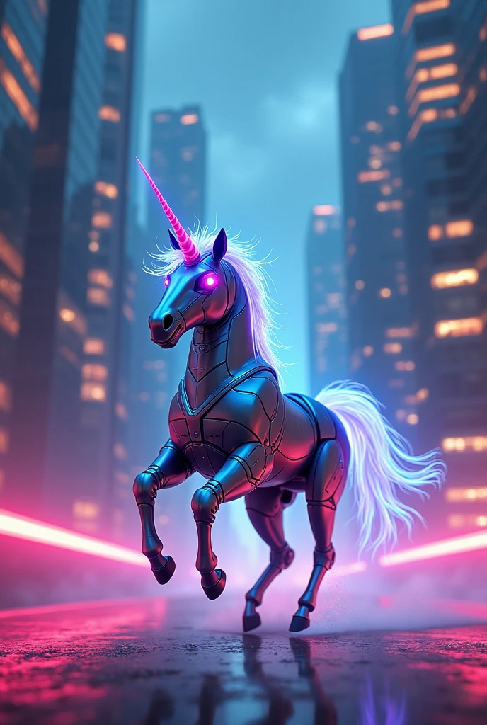 Digital artwork featuring a futuristic, robotic unicorn galloping through a neon-lit cityscape at dusk. The unicorn has a metallic body with sleek, segmented armor plates, glowing blue and pink neon accents, and a luminous horn. Its mane and tail are composed of flowing, ethereal light strands. The background showcases tall, modern skyscrapers with illuminated windows, reflecting the vibrant colors of the unicorn. The overall scene combines elements of fantasy and science fiction, creating a visually striking and imaginative composition.