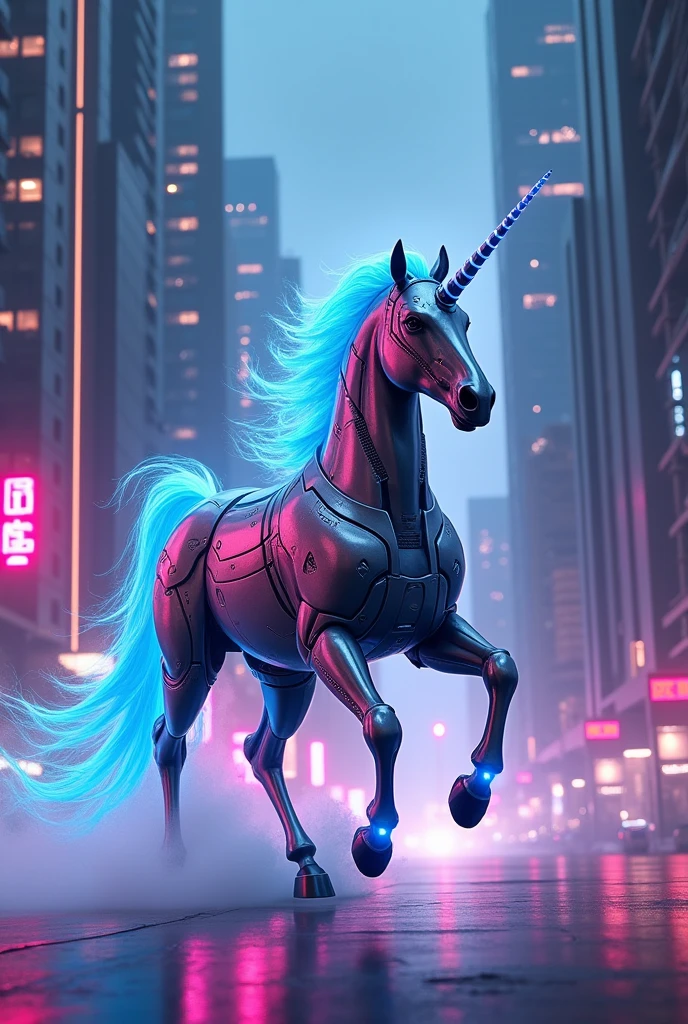 Digital artwork featuring a futuristic, robotic unicorn galloping through a neon-lit cityscape at dusk. The unicorn has a metallic body with sleek, segmented armor plates, glowing blue and pink neon accents, and a luminous horn. Its mane and tail are composed of flowing, ethereal light strands. The background showcases tall, modern skyscrapers with illuminated windows, reflecting the vibrant colors of the unicorn. The overall scene combines elements of fantasy and science fiction, creating a visually striking and imaginative composition.