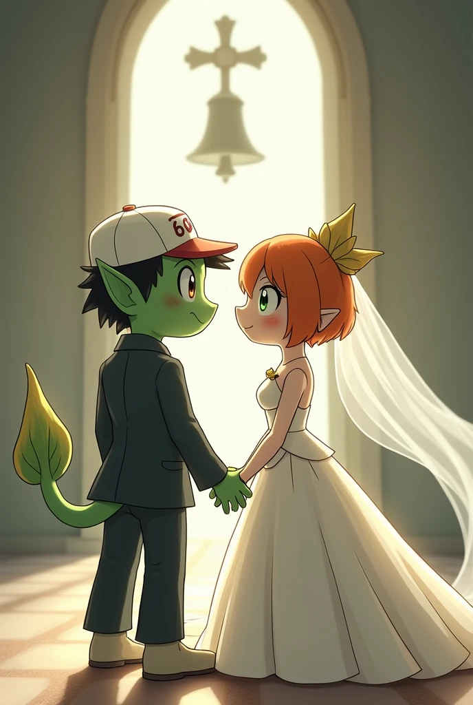 Draw Ash from Pokémon in a goblin style with a groom&#39;s suit ,wearing a white cap and Misty in a beautiful wedding dress.
The dress has a fish fin style.
Let the bride&#39;s hair be short and orange ,Her eyes are green and she wears a long veil.
Let the background be soft and only the church bells can be seen Kiss