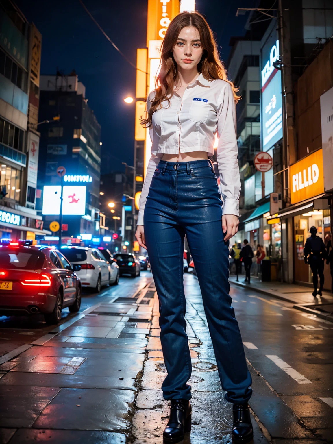 (1 lady), (Best quality at best:1.4), (ultra - detailed), (extremely detailed CG unified 16k), A Beautiful Woman with Perfect Figure: 1.4, Sharp Focus: 1.2, very detailed, High-definition RAW color photo, professional photoshooting, amazing face and eyes, cosmetics, (amazingly beautiful girl), ((asuka)), NOT Dasha Taran, ((police uniform, whole body police uniform, long sleeves blue navy shirt, police uniform blue navy pants)), standing, sexyposture,(Dark and stylish urban landscape, city lights, city lights:1.3), (look from down), realistic cinematic face, head to feet long wide zoomed out view, full body long view, photorealistic, ((realistic natural orange redhair style, blue eyes, long hair)), gorgeous, extremely beautiful face, perfect model beauty, pout mouth, Highly Detailed Face and Skin Texture, Detailed Eyes, Double Eyelids, Medium Breasts, Smile, cleavages, western, (masterpiece), best quality, high resolution, extremely detailed, blurred background, depth of field, cinematic lighting, amazing legs, combat boots, clear and well-cared skin, (((woman occupies most of the picture))), (photorealistic colors, photography colors)