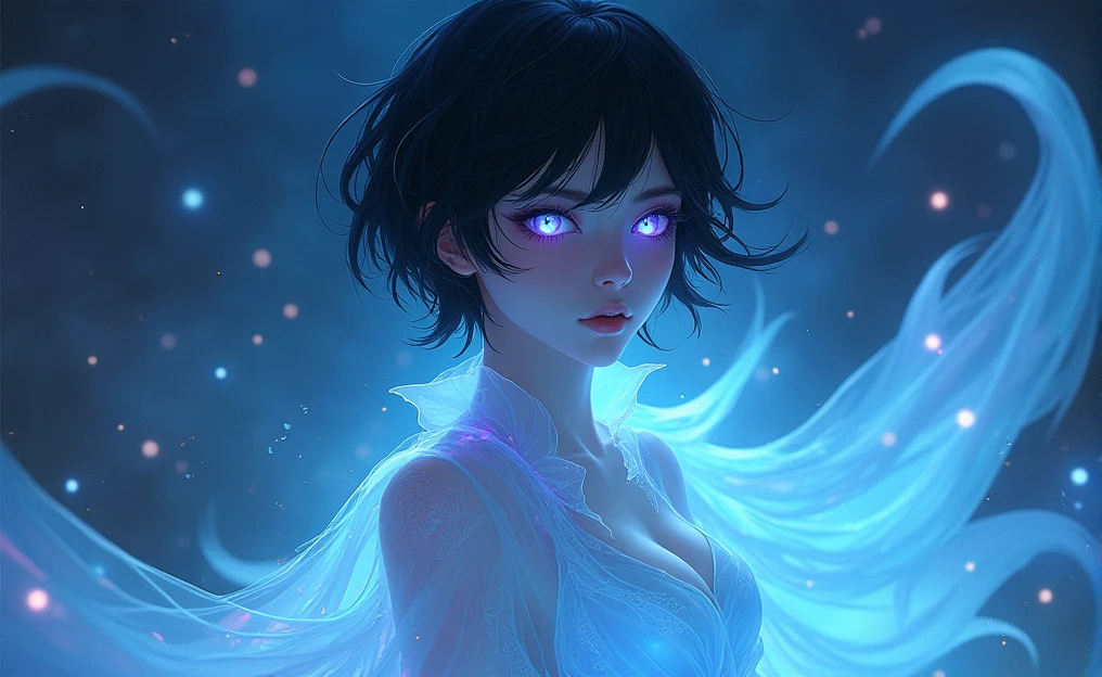 This image portrays an enchanting MAN character with a striking, ethereal appearance. The character has pale, almost porcelain-like skin and short, BLACK hair that is slightly tousled. Their eyes are vibrant, with a shimmering quality that reflects a spectrum of blues and purples, giving them a mystical, otherworldly gaze. The character is draped in a translucent, flowing material that glows with shades of blue, purple, and aqua, reminiscent of the night sky or a galaxy. This material wraps around them, enhancing their celestial and enigmatic aura. The background also contributes to this theme, with a deep, cosmic ambiance filled with subtle, star-like patterns and light trails, which blend seamlessly with the character's attire. Overall, the image exudes a cool, serene, and magical atmosphere, with the character embodying a celestial or astral being, seemingly beyond the mortal realm. The interplay of light, color, and texture adds depth to the image, making it visually captivating and evocative of a dreamlike world.