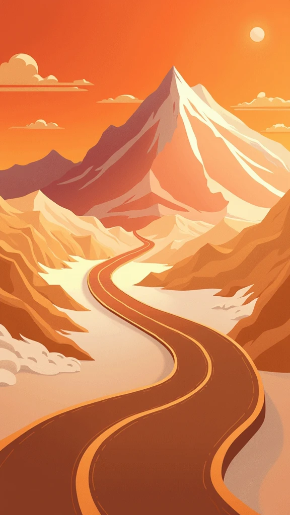 poster design，road，Mountain，sun，wealth，Gold Tone，Illustration Design，Flat，abstract，Screen subject pull up