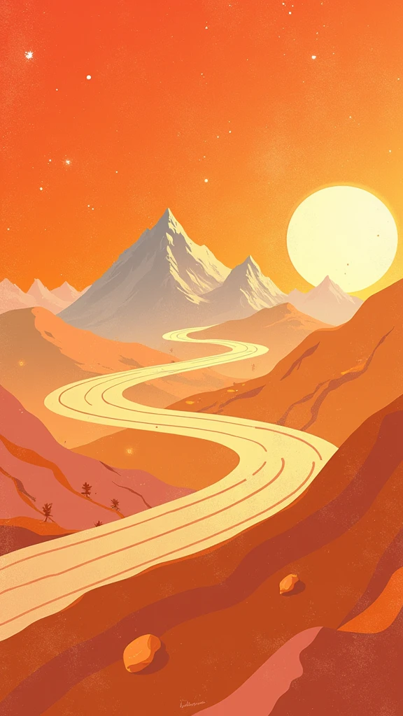 poster design，road，Mountain，sun，wealth，Gold Tone，Illustration Design，Flat，abstract，Screen subject pull up