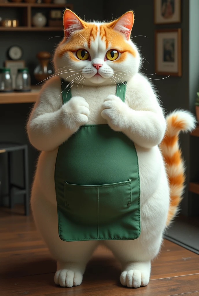 Detailed body, fluffly, work of art, detailed back ground, glad, cat face, (loaded on e621,8k, CRU photo, high resolution, high qualiy), ((work of art)), female, new, facing forward, (cinematic lighting), (shadowed), photorrealistic, hyper realist, cat paw, ultra detailed fur, yellow  eyes, Tailpussy, extremely giant thighs, extremely colossal breasts, heavy breasts, extremely thick thighs, curvilinear, curvy body, extremely thin waist, extremely colossal ass, mega colossal breasts, gorgeous face, hairty armpits, big armpit hair, White hair, latte, lactating nipples, big tits with mamilos inchados, front view, jato de latte saindo dos mamilos, mamilos esguichando latte, furry, giant nipples, giant areolas, orange fur with white details, wearing a green apron, small apron, avental until, avental do Starbucks, micro apron, separate breasts with an apron in the middle, hairy body, logo do Starbucks, milking one&#39;s own breast, breasts out of the apron, detailed logo, extremely hairy armpits, bush hairy armpits, loser