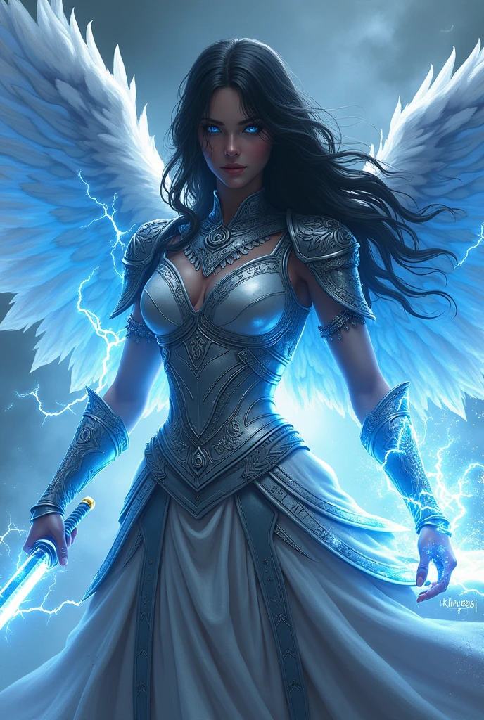 (young woman )( with blue eyes that radiate blue rays) (black hair ) ( that from his hands rays of power come out) (She has silver warrior armor with Hebrew letters and a ) (that covers his entire body) ( and a katana with lightning ) (with wings with rays) ( and a blue aura) ( with fighting pose) (levitating)