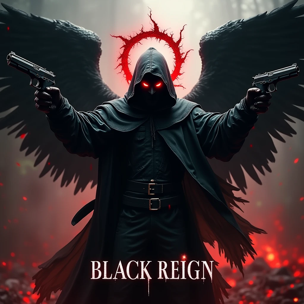 Black hooded man, mysterious, red eyes, bloody angel halo above head, big black angel wings, bloody background, holding two pistols, word “Black Reign” in large text below it, hyper realism, logo