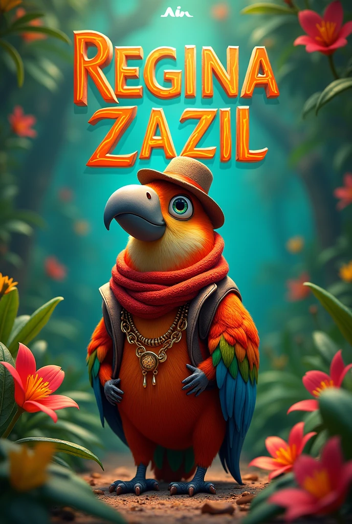 Create the cover of a book and make an animation with the written name of Regina Zazil as the title, adding an animated animal with clothes but that is not fictional and is colorful.