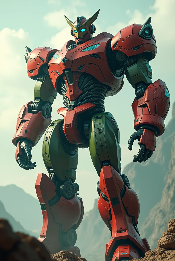 a giant Ultraman robot with red and green armor, highly detailed, cinematic lighting, dramatic posing, mechanical parts, futuristic sci-fi, intricate details, photorealistic, 8k, HDR, beautiful colors, dynamic composition, powerful presence, awe-inspiring scale