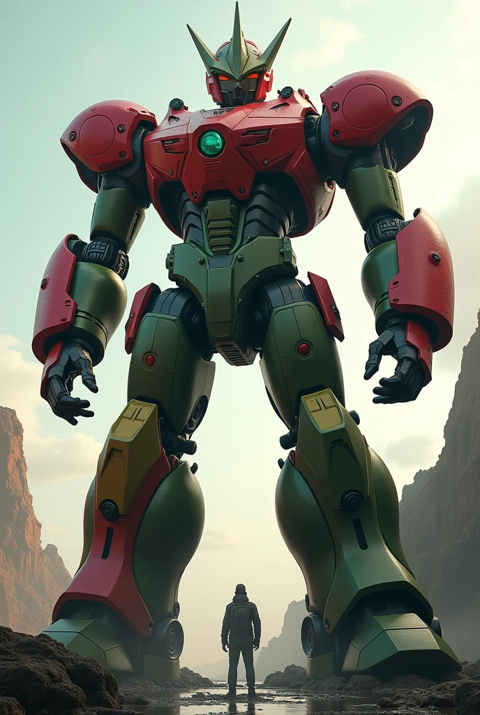 a giant Ultraman robot with red and green armor, highly detailed, cinematic lighting, dramatic posing, mechanical parts, futuristic sci-fi, intricate details, photorealistic, 8k, HDR, beautiful colors, dynamic composition, powerful presence, awe-inspiring scale