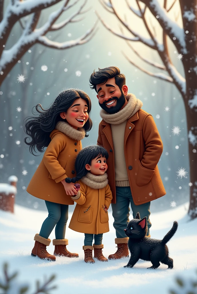 indian Mom dad and  girl playing in snow, in Christmas time, with a black cat by the side. Make the skin tone dusky, and wear cozy clothing. Mothers hair is straight 