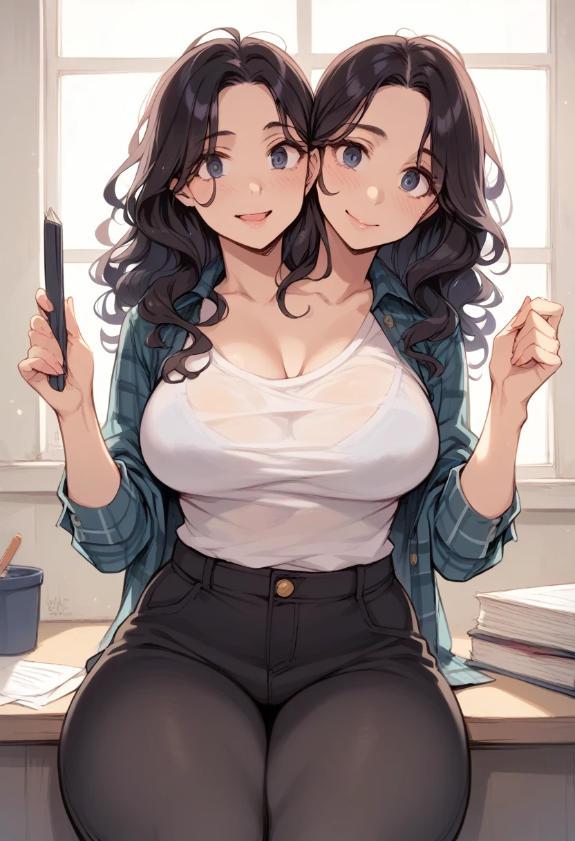 2heads, tall skinny woman with 2 heads. Inside in a college dorm room. Wearing beanie hat. Bare breasts, wearing jeans. Lifting shirt to show breasts. Frizzy black hair. Seductive teasing expression. Four breasts, multibreast. POV selfie, taking a selfie.