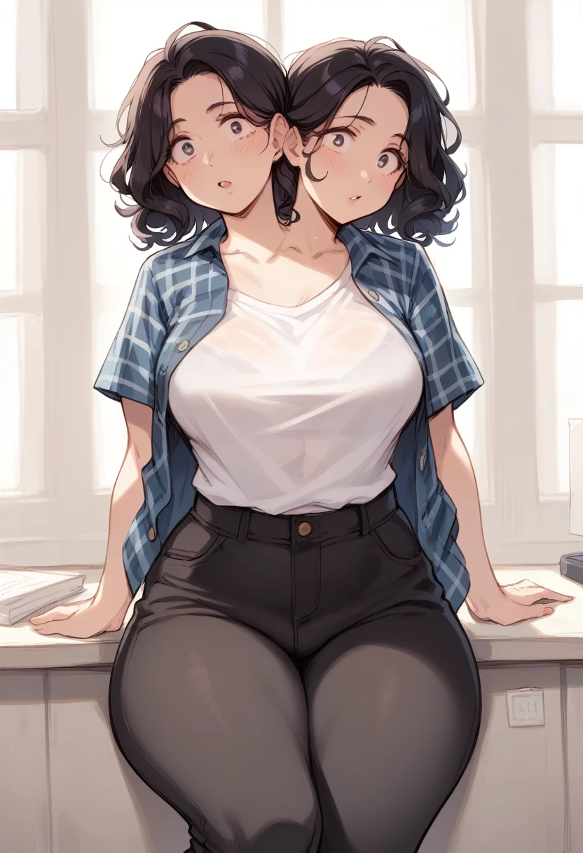 2heads, a thick woman with two heads. She is in a call center office with cubicles. She is wearing an unbuttoned plaid flannel shirt, t-shirt underneath, and black pants. She has messy long curly long dark hair. She has baggy eyes. Messy. She has a big thighs.