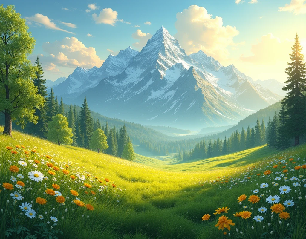 Zenith of Abundance: Verdant meadows, golden rays, serene mountains, evoking a sense of financial well-being.