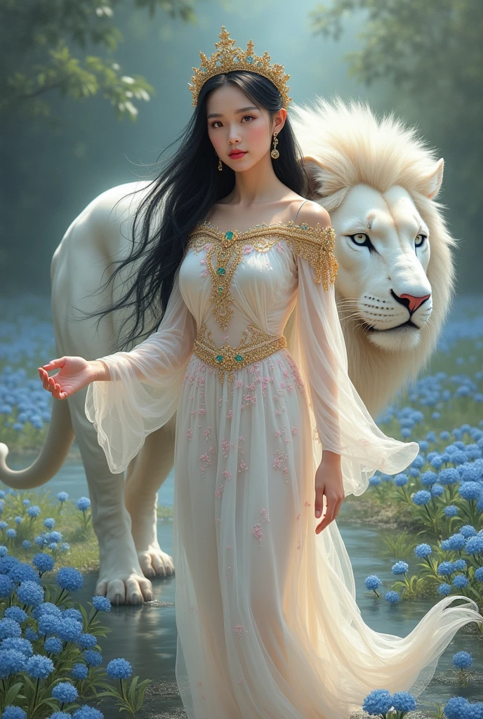(best images quality),(Extremely detailed description),(Movie lighting),(the Lion:1.5),Beautuful Women(Leo),(Very detailed details of the face),(Keep the girl intact),(The girl's body should not be covered),(Keep the girl presenting the original drawing style and painting characteristics),(There is a lion next to the girl:1.5),(the Lion(Small size:1.3)The location is in the upper right corner of the girl),Blue starry sky,rays of moonlight,As estrelas(Twinkle),universe background,garments(blingbling),(tmasterpiece),(Spectacular effect)。
