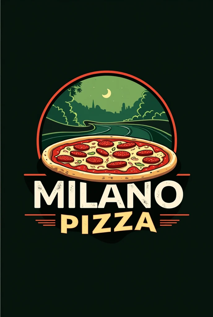 Logo pour ma pizzeria " Milano Pizza " en lien avec le karting électrique partenaire juste a côté
Couleur de l'Italie avec accent sur le vert et le noir