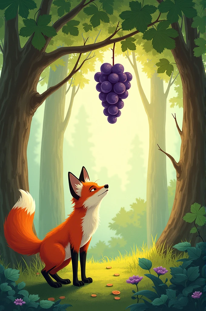 THE FOX and the GRAPES
One afternoon a fox was walking through the forest and spotted a bunch of grapes hanging from over a lofty branch.
"Just the thing to quench my thirst," he thought.
Taking a few steps back, the fox jumped and just missed the hanging grapes. Again the fox took a few paces back and tried to reach them but still failed.