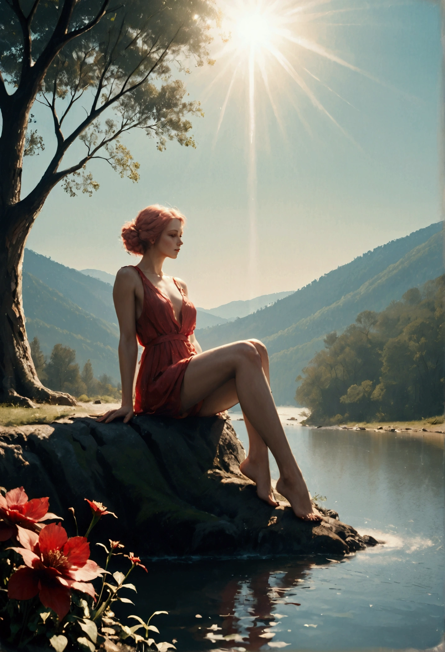 (work of art, best qualityer, high resolution:1.4), detailded, details Intricate, 4K, color splashing, line art). 1womanl. Her skin is made of red flowers all over her body. She is sitting on a slimy log. The scene is a forest with spaced trees, that shines beams of sunlight on her skin and the grass on the ground. She looks up at the sky with half-closed eyes., as if you were feeling the sun's rays touching your skin. your hair is the color of your skin, your skin is pink. floral frame, decorative panels, artistic by Vincent Van Gogh, Van Gogh