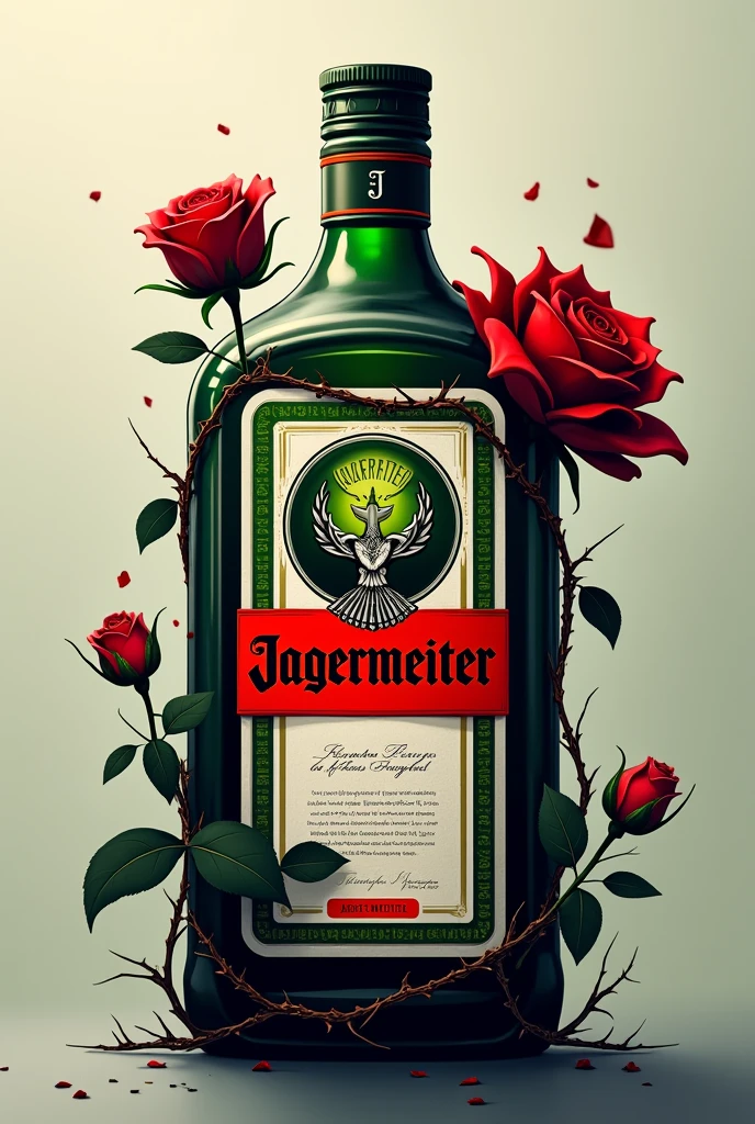 A bottle of Jagger with a rose with thorns wrapped around the Jagger in a logo-like design, bottomless