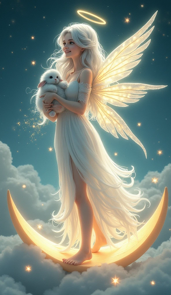 full-body illustration, (beautiful moon fairy:1.3), (captivating smile:1.3), (delicate and ethereal:1.3), (holding a small bunny gently in her arms), flowing silver hair with soft curls, luminescent skin with a soft glow, (gossamer wings with moonlight shimmer:1.2), wearing a flowing gown made of stardust and moonbeams, (soft glowing halo around her head), standing on a crescent moon, surrounded by sparkling stars and wisps of clouds, (gentle night sky background:1.2), (soft and warm color palette:1.3), (elegant and graceful pose), (highly detailed), (ultra quality:1.3), (masterpiece), (digital art), 8K resolution, HDR, depth of field, (soft shadows), (photorealistic:1.3), (in the style of Yoshitaka Amano:0.9), trending on ArtStation, award-winning art
