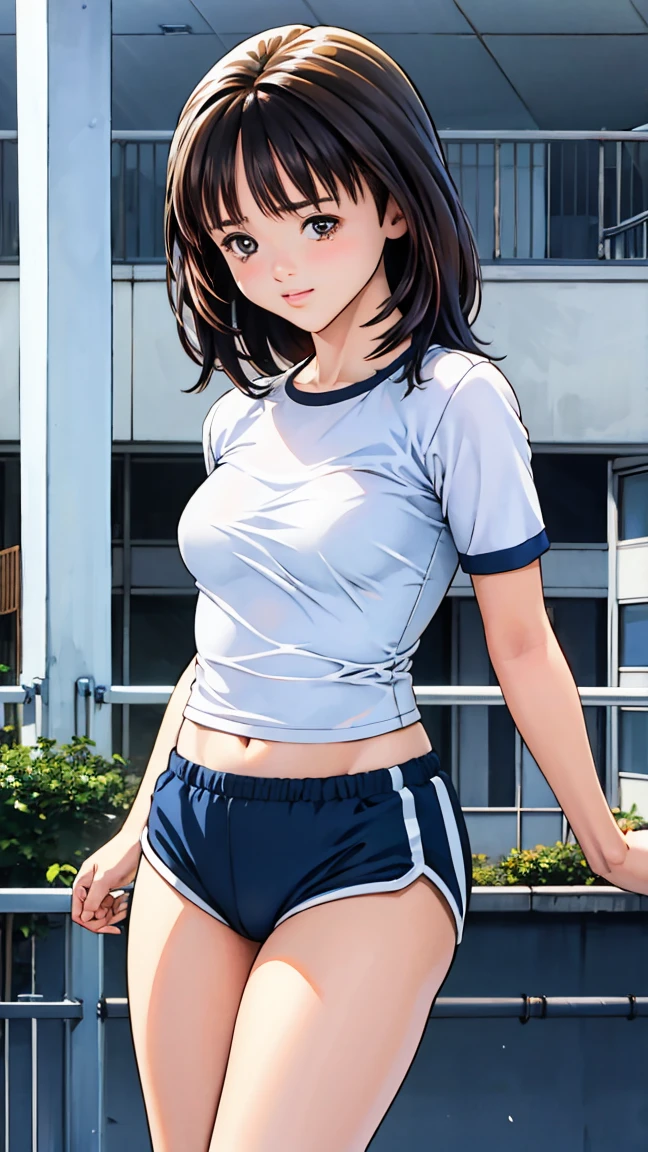 masterpiece, Highest quality, figure, Very detailed, The finer details, High resolution, 8k,wallpaper, Perfect dynamic composition,(Detailed high quality, Realistic depiction of eyes:1.3), (Short sleeve white T-shirt, Navy shorts, Gym Wear), short hair, Short Bob, , Black hair color, Big Natural Color Lip,), Perfect figure, Crying a little、A small smile、 Harajuku Style、20-year-old girl、Cute type、Hata, Gravure idol pose, Full body photo、Focus on the groin, gym)