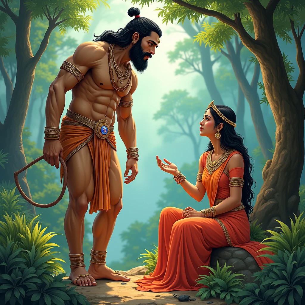 Can you create character of Lord Hanuman is bar bhai Ramayan story image description Lord Hanuman meet sita mata wife of Lord ram, location Ashok watika jungle 