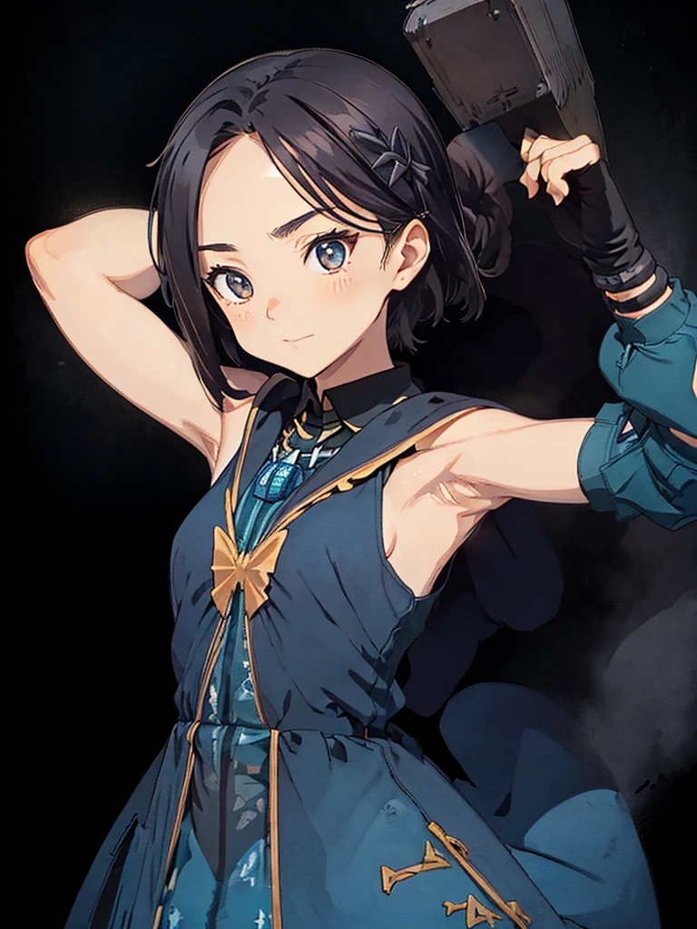 Black background with spotlight, Long eyelashes, Black background with spotlight, rinwell , beautiful girl、Raise your hands to show your sweaty armpits,