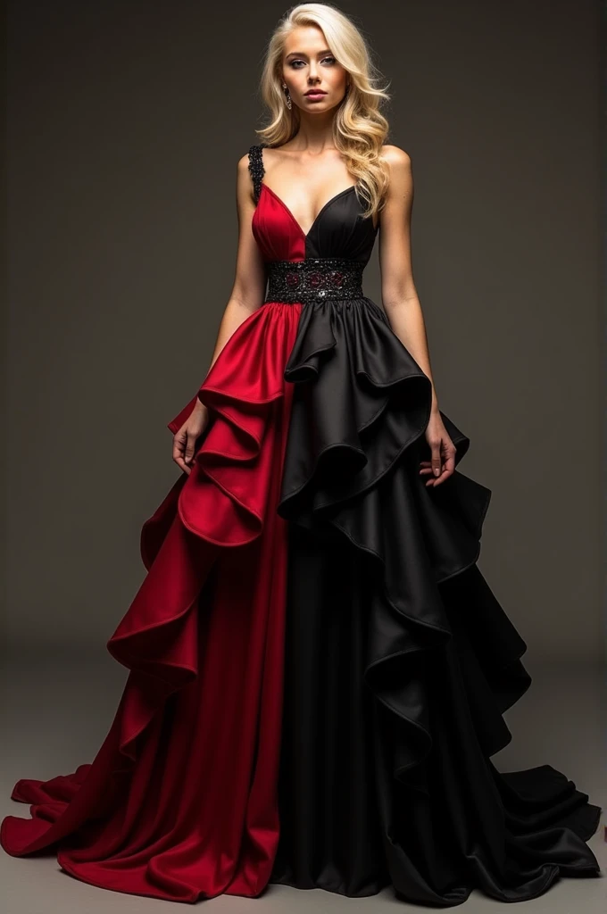 red or black dress on mullet style with layers without puffy shoulders based on game of thrones and house of the dragon for prom that is hollywood based