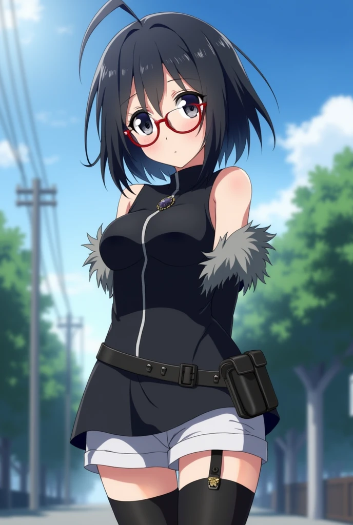 anime screencap, 
1 girl,Alone,black fur,short hair, black eyes,skinny,cowboy shot, standing, forehead protector, affected smile,(dress:1.1),(shorts blancos:0.8), black thighs, thigh holster, arm warmers, bare shoulders, looking at the viewer, outdoor,pelvic,Red frame glasses, Glasses,arms behind the back, nod, pelvic curtain, in front of the viewer, hands on the hips, zipper, shiny hair,