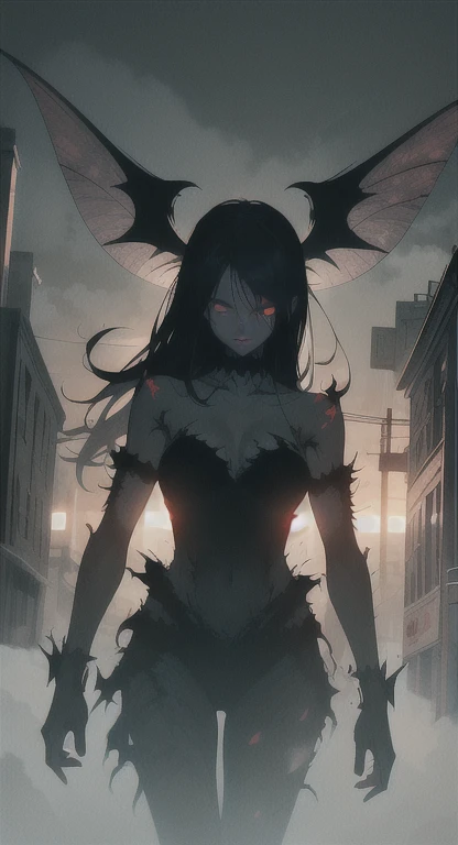 Foggy streets, ancient female creature, demonic silhouette, fairy shadow figure, red eyes, eyes in the fog, rotting, looking dead, torn wings,