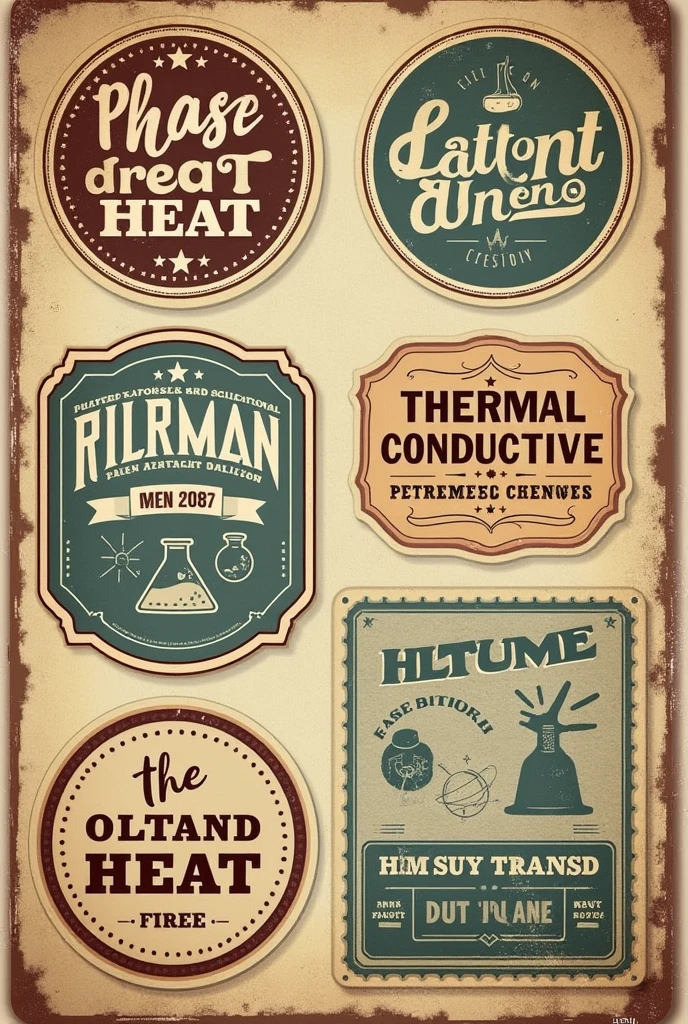 generate this words into vintage style stickers 

Latent Heat
Thermal Conductivity
Phase Transition