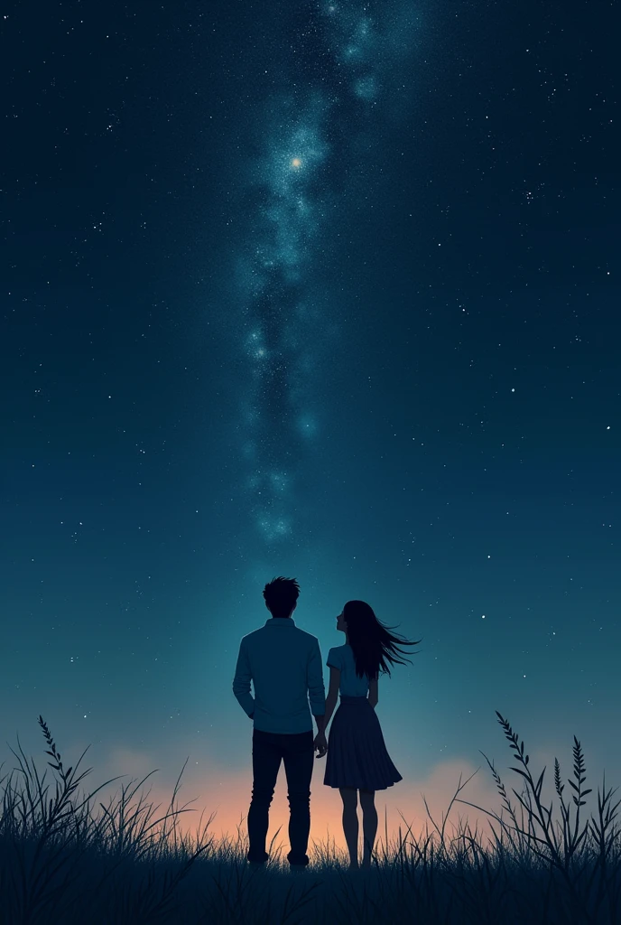 A book cover of night sky and a man and woman looking at it