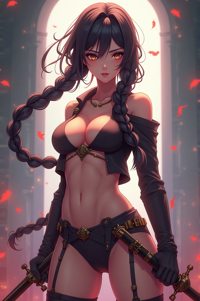 Anime style side-swept swordswoman with braided hair and cleavage
